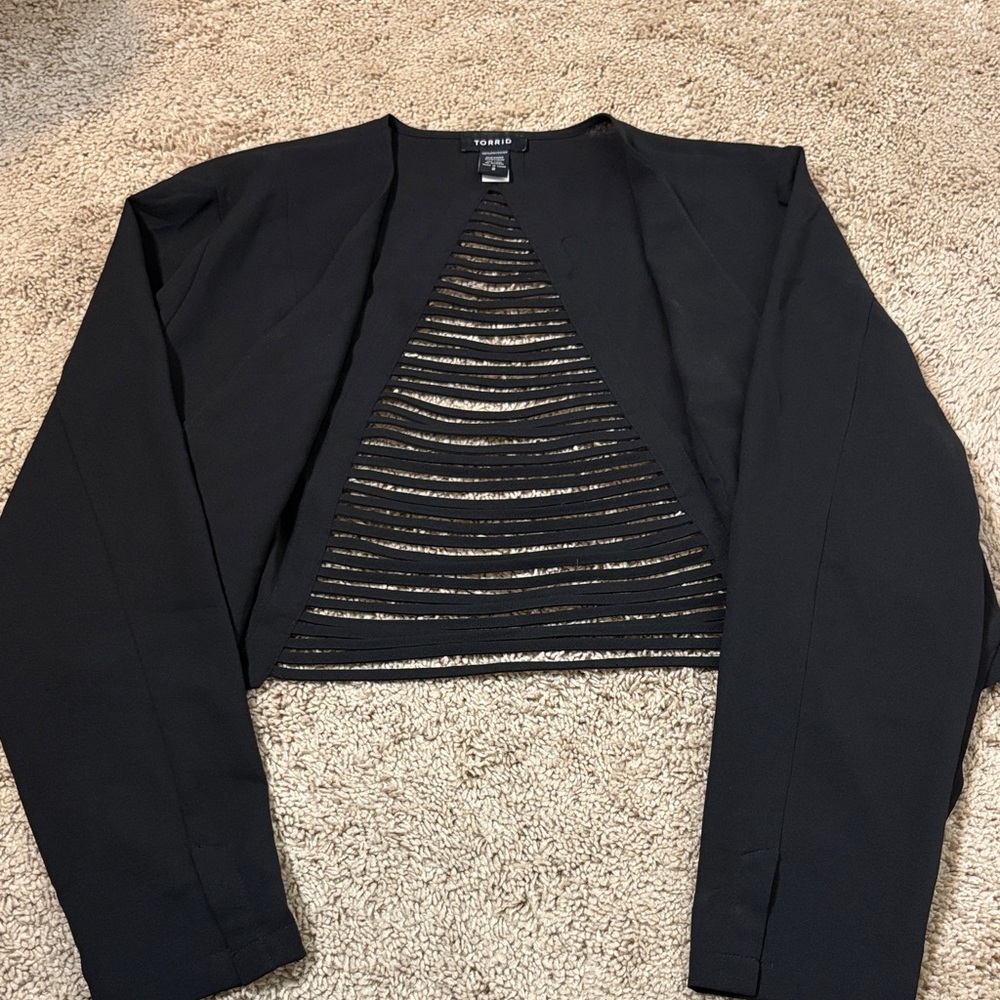 torrid Black Draped Open-Front Blazer with Black & White Striped Shell Size 2